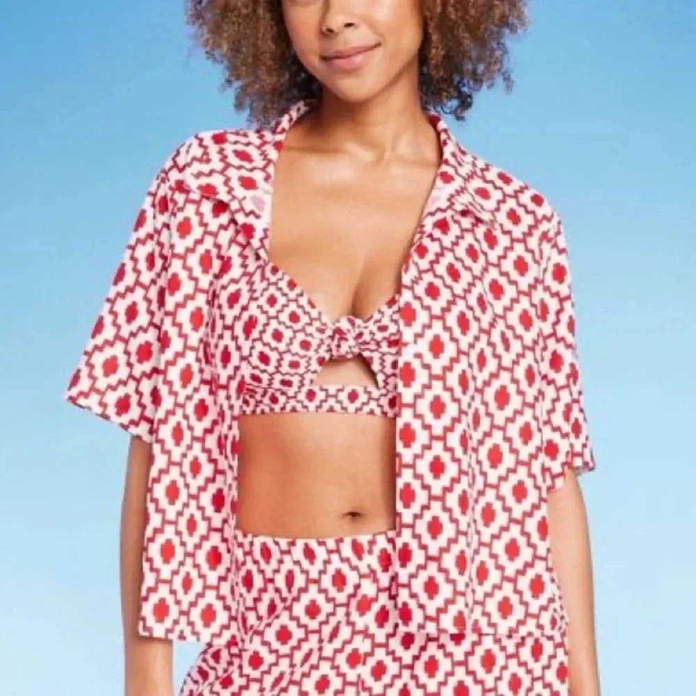 Shade & Shore™ Cropped Button-Up Short Sleeve Cover Up Top - Size XL - Red - NWT